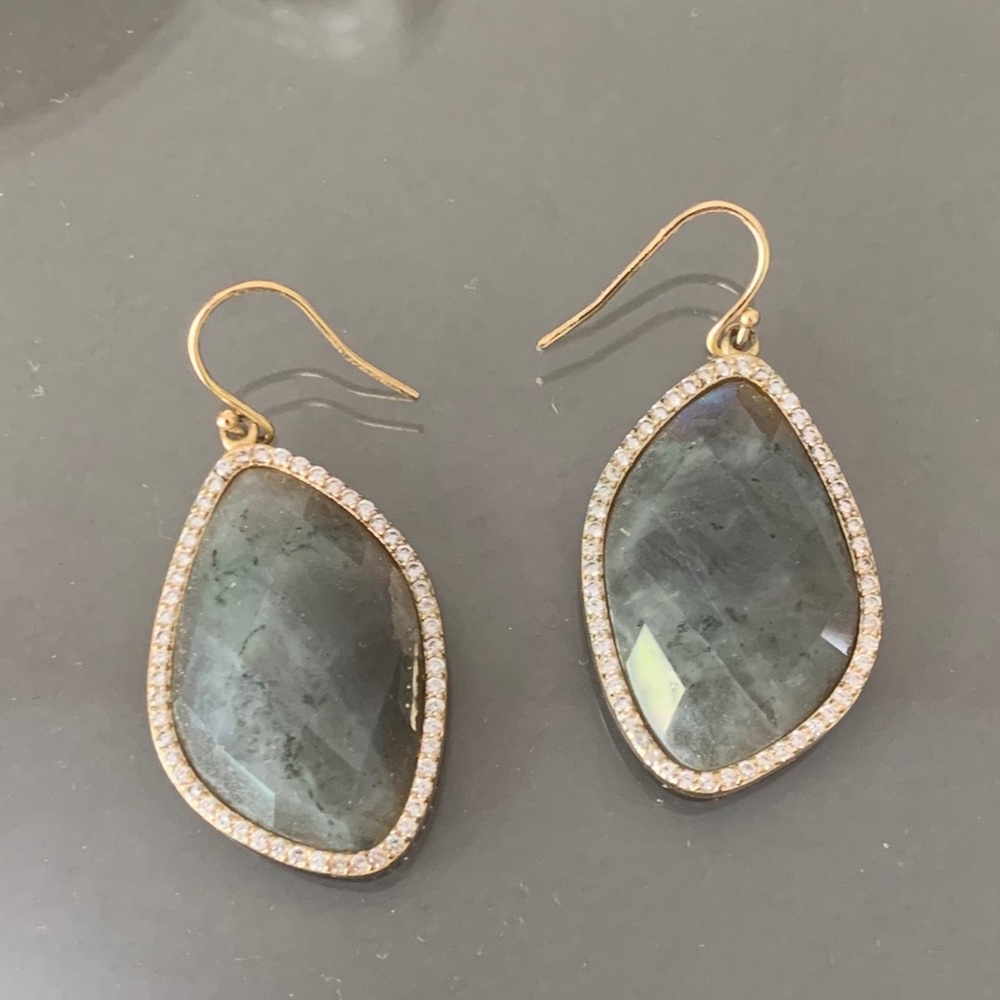 Grey stone and diamond drop earrings